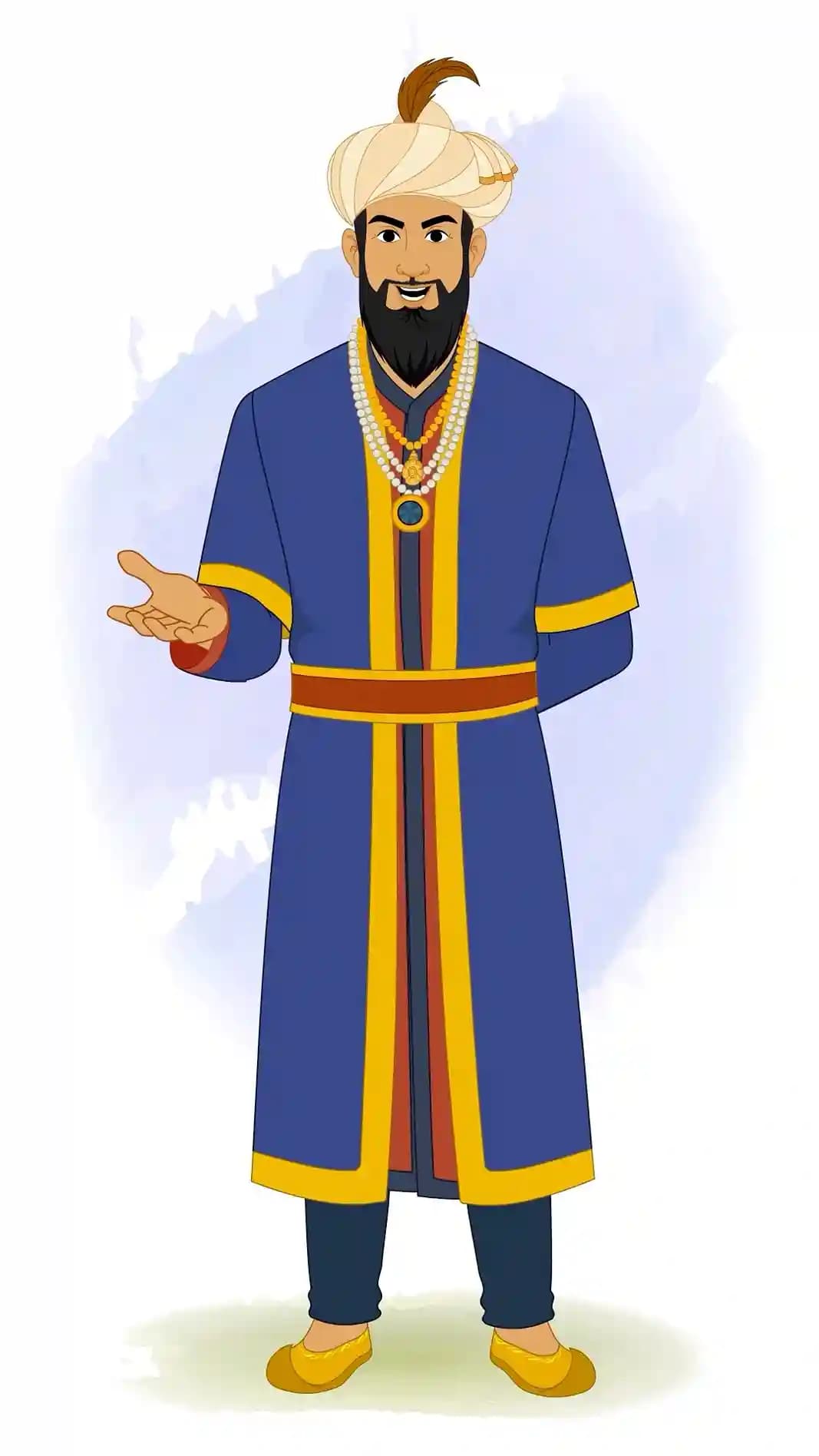 Animated vector illustration of Emperor Humayun facing forward, gesturing in a talking pose, wearing a blue and gold robe with pearl-beaded turban AKA Humayun