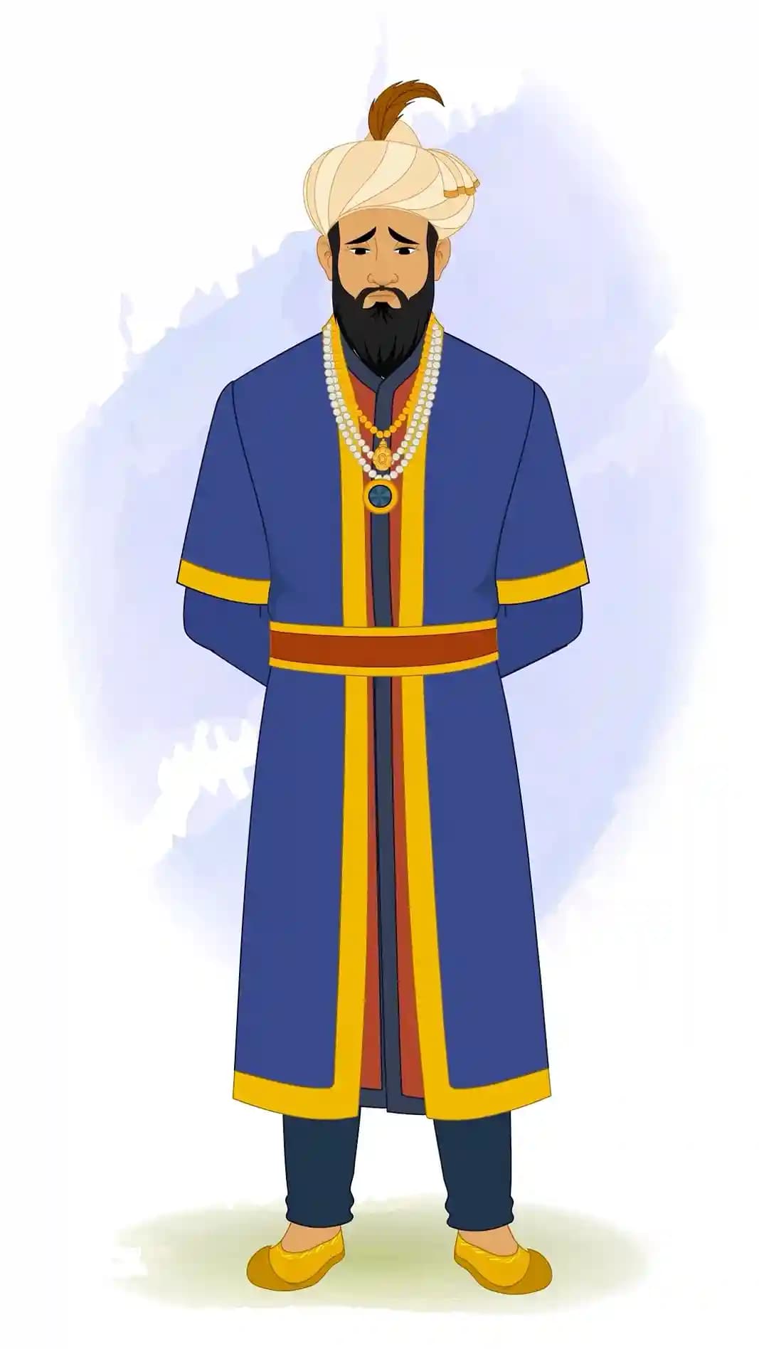 Animated vector illustration of Emperor Humayun facing forward with a sorrowful expression, hands clasped behind his back, wearing a blue and gold robe and pearl-beaded turban AKA Humayun