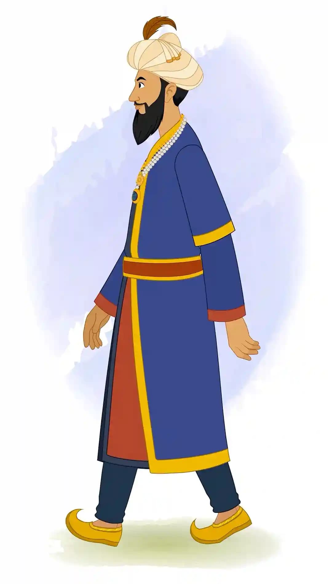 Animated vector illustration of Emperor Humayun walking in profile, wearing a blue and gold robe with pearl-beaded turban and looking ahead AKA Humayun