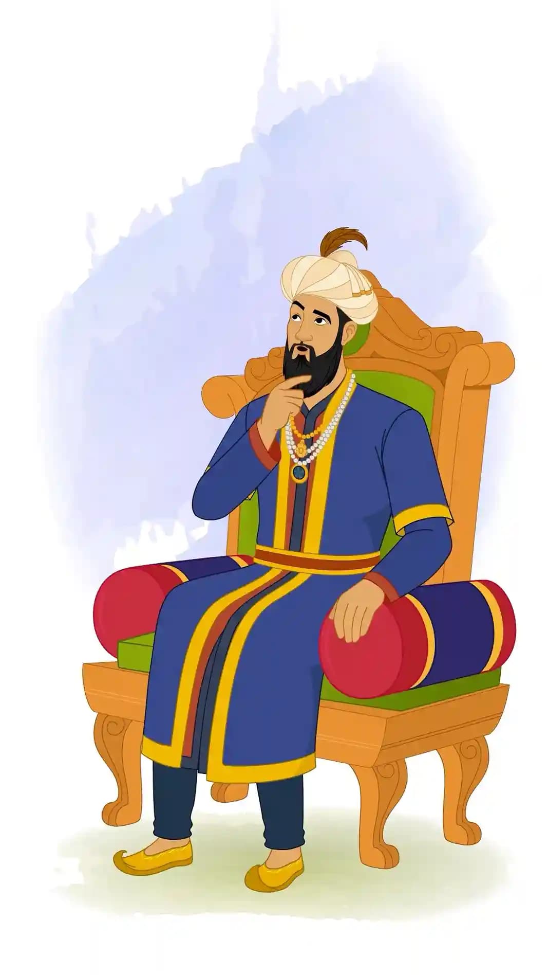 Illustration of Emperor Humayun seated on an ornate throne, lost in thought with one hand on his chin, wearing traditional Mughal royal attire with a turban, pearl necklaces, and a blue-and-gold robe AKA Humayun