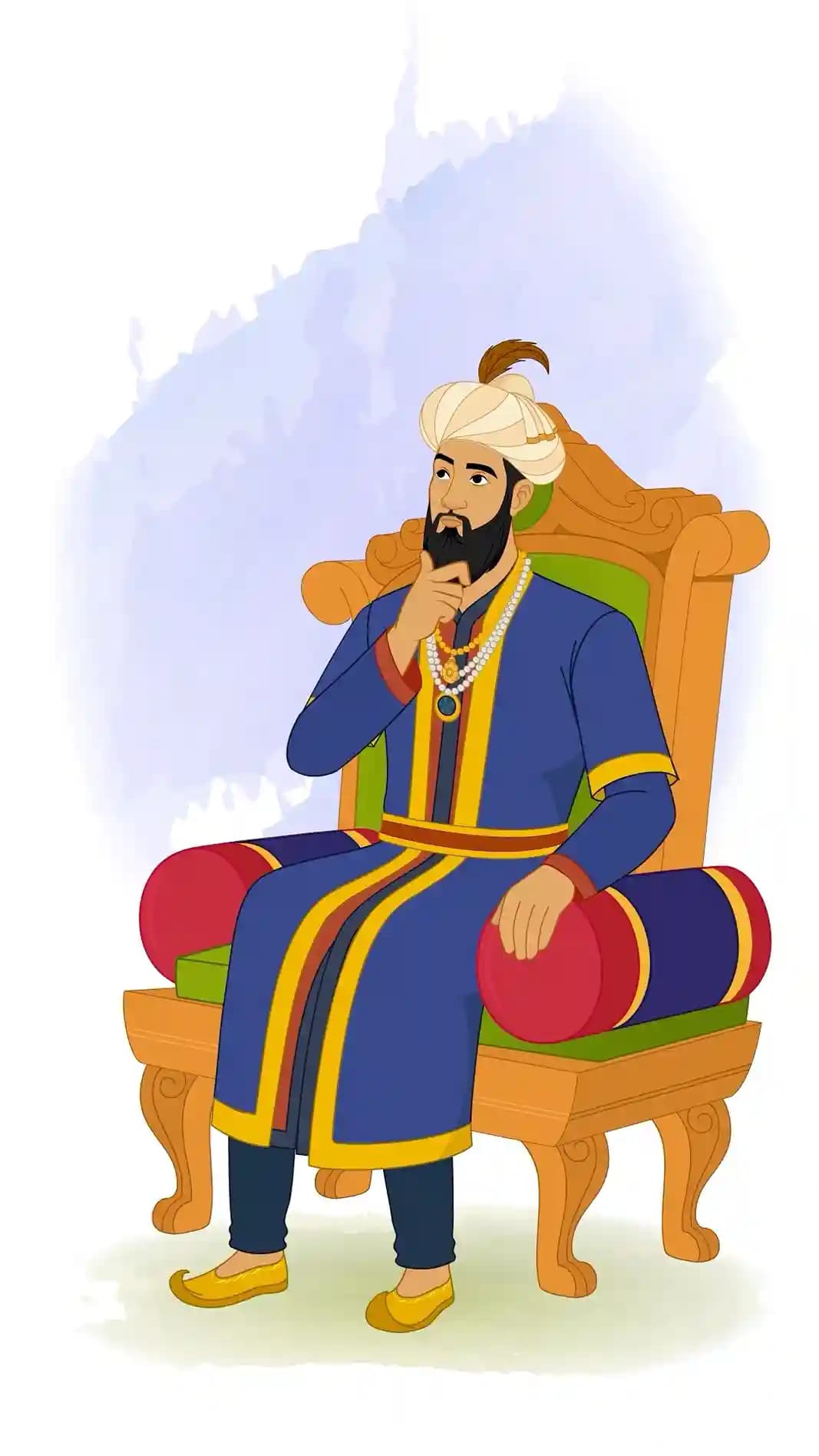 Seated Emperor Humayun on an ornate wooden throne, stroking his beard and gazing upward thoughtfully, wearing a blue-and-gold Mughal robe, pearl necklaces, and a white turban with a plume against a light watercolor background AKA Humayun