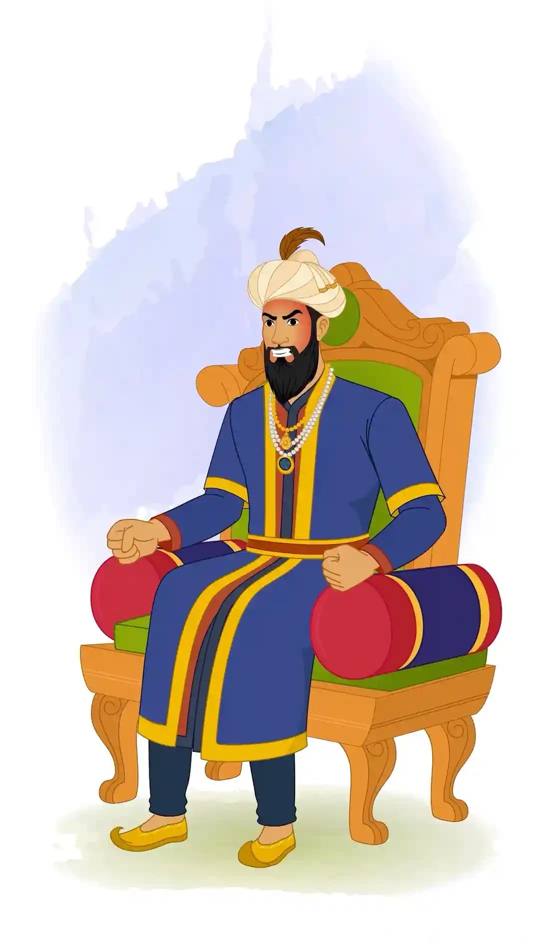 Seated Emperor Humayun on an ornate throne with clenched fists and furrowed brows, wearing a blue-and-gold Mughal robe, pearl necklaces, and a jeweled turban against a watercolor backdrop AKA Humayun