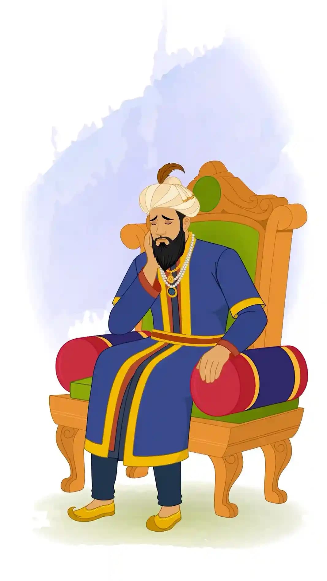 Seated Emperor Humayun on an ornate throne with downcast eyes and slumped shoulders, wearing a blue-and-gold Mughal robe, pearl necklaces, and a jeweled turban against a watercolor backdrop AKA humayun