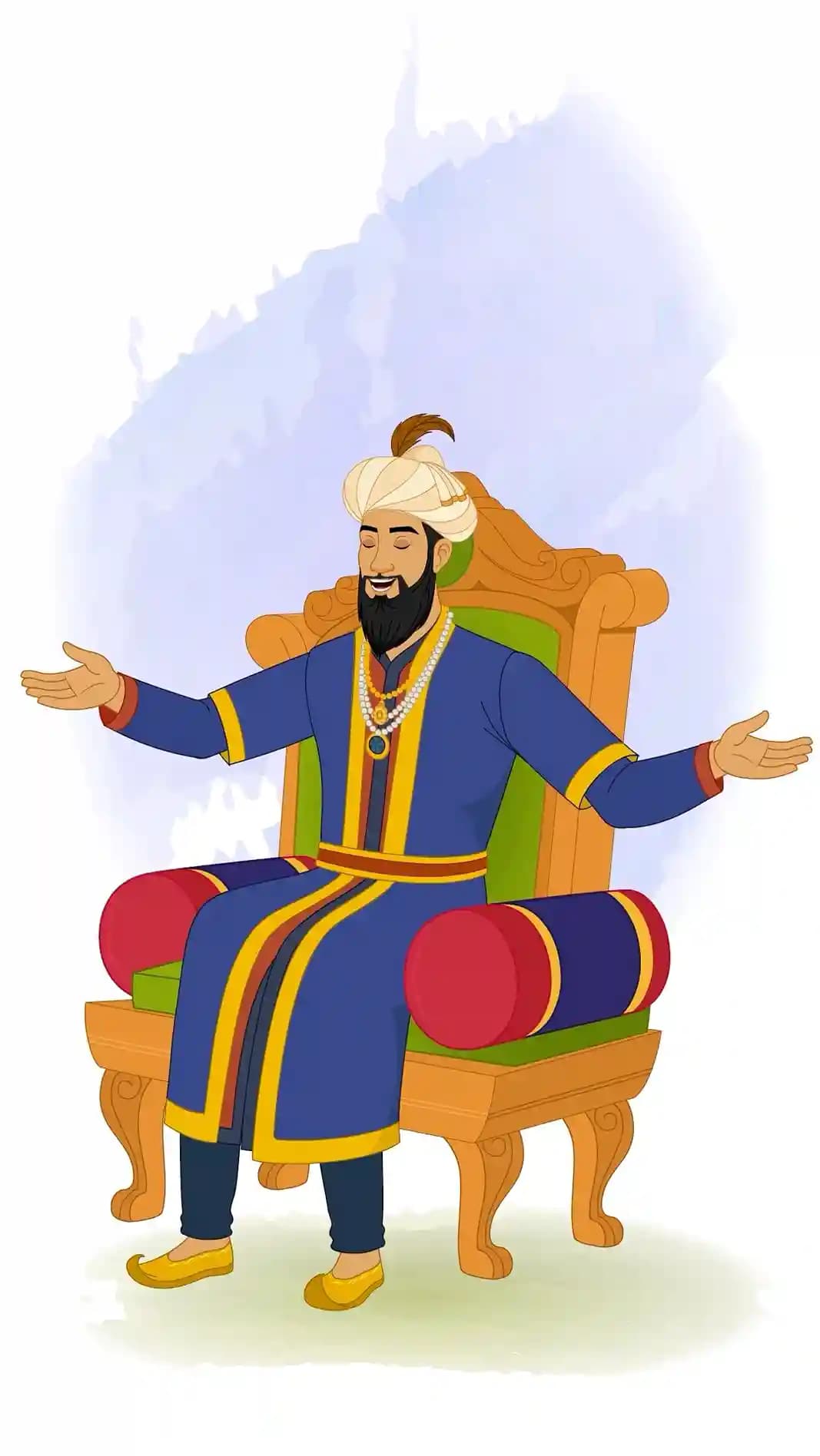 Seated Emperor Humayun on an ornate throne, eyes closed and mouth open in hearty laughter, wearing a blue-and-gold Mughal robe, pearl necklaces, and a jeweled turban against a watercolor backdrop AKA Humayun