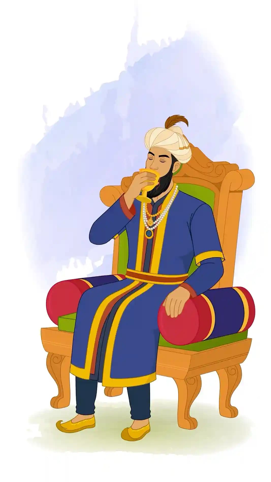 Seated Emperor Humayun on an ornate throne, gracefully lifting a goblet of wine to his lips with a refined, contemplative expression, wearing a blue-and-gold Mughal robe, pearl necklaces, and jeweled turban against a watercolor backdrop AKA Humayun