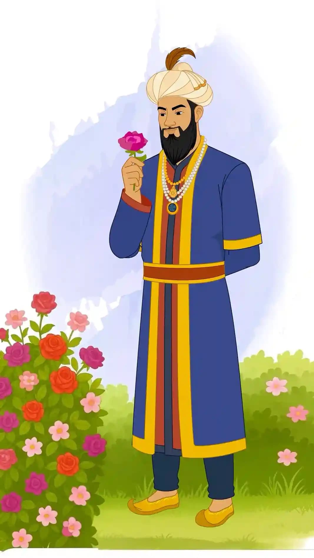 Animated vector illustration of Emperor Humayun in regal blue-and-gold Mughal robes and pearl-beaded turban, gently plucking a rose from a lush garden bush AKA Humayun