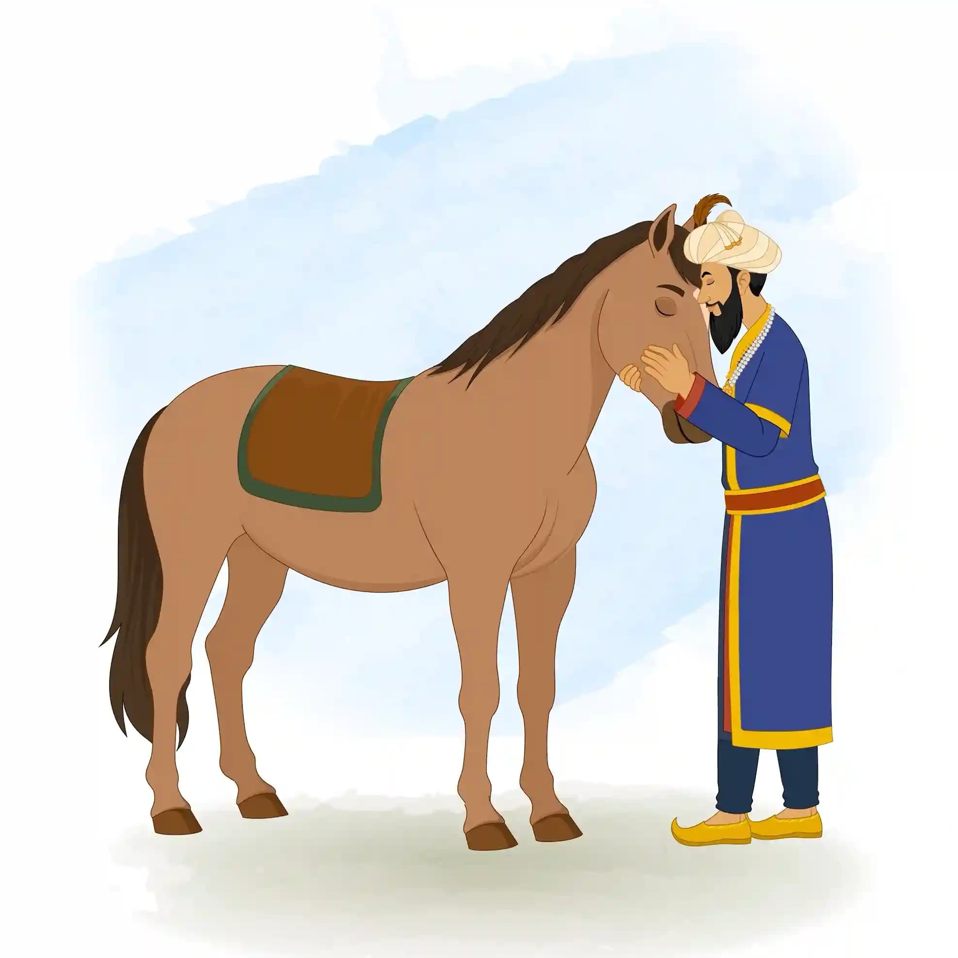 Animated vector illustration of Emperor Humayun in regal blue-and-gold robes and pearl-beaded turban, gently caressing a horse’s muzzle in a tender gesture AKA humayun