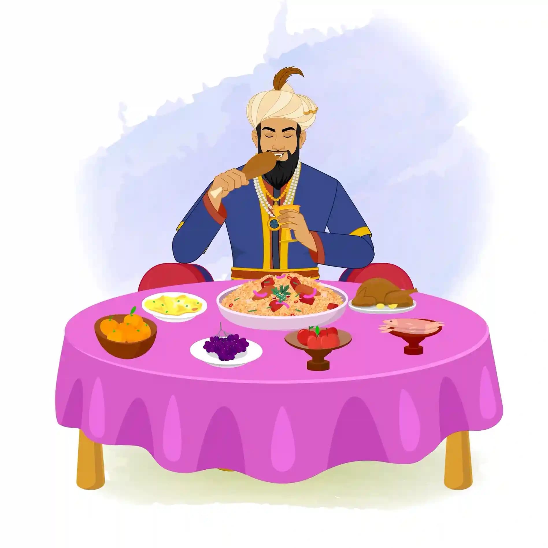Animated vector illustration of Emperor Humayun seated at a low ornate table, eating a traditional Mughal feast with a spoon and bowl, dressed in a blue-and-gold robe and pearl-beaded turban AKA Humayun