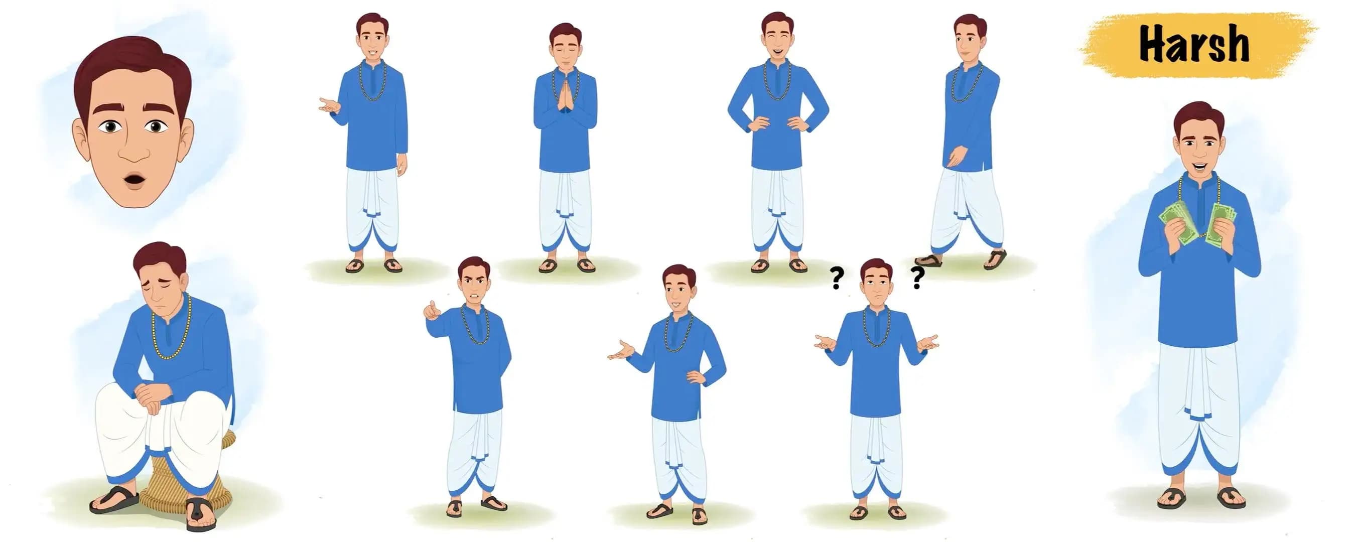 Indian village zamindar animated vector cartoon character model sheet AKA Harsh