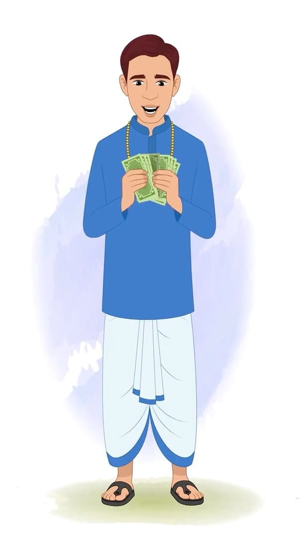 An Indian village zamindar counting money animated vector cartoon character AKA Harsh