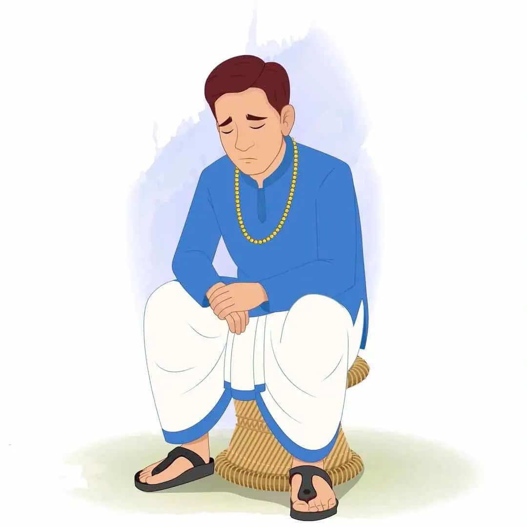 An Indian village zamindar sitting sadly animated vector cartoon character AKA Harsh