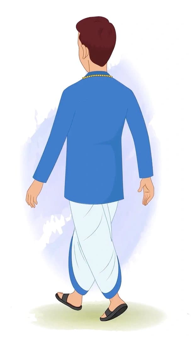 A Indian village zamindar walking in back third view animated vector cartoon character AKA Harsh