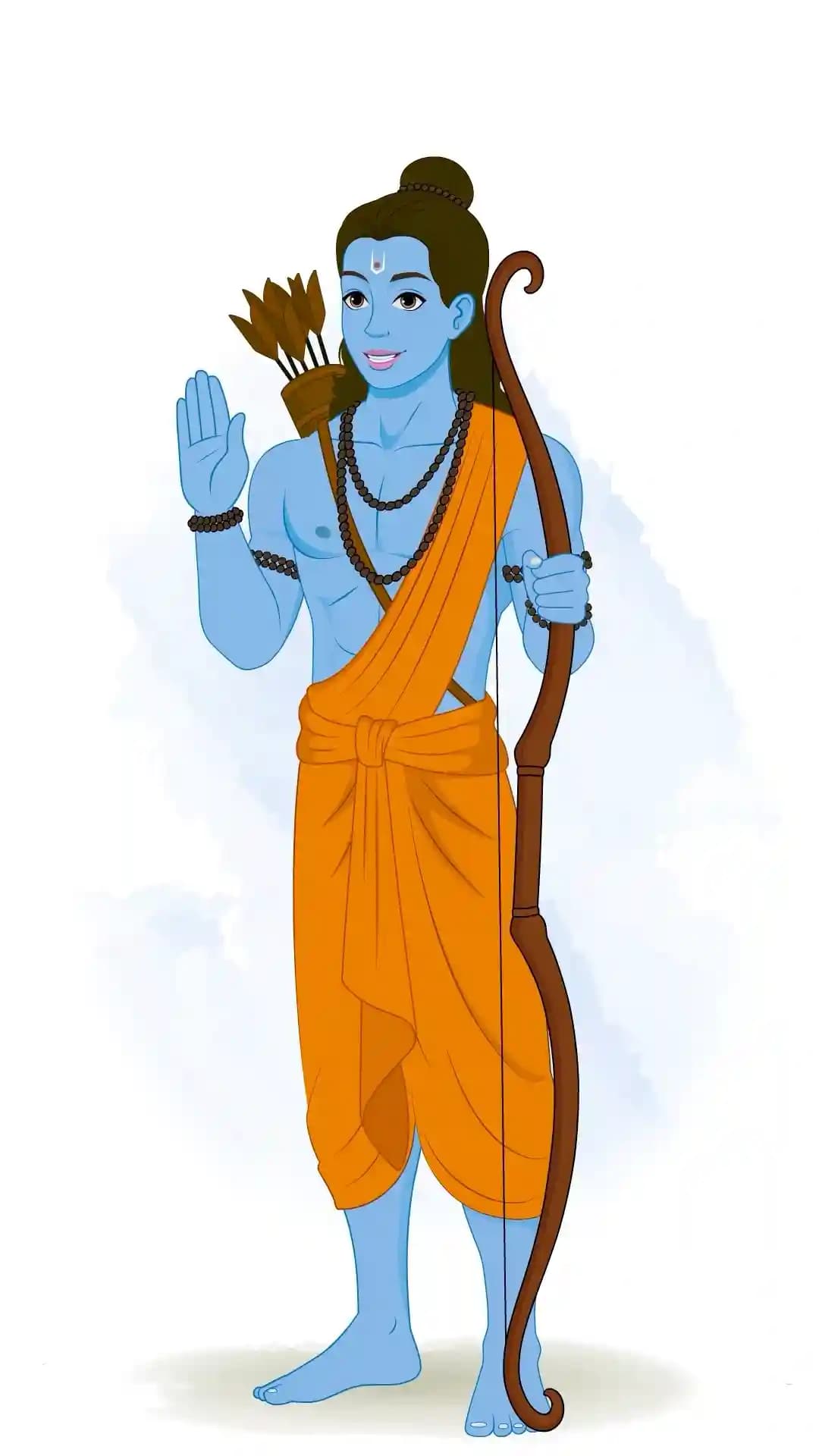 Indian god Lord Rama in 1/3rd view,blue-skinned,raising his right hand in aashirwad while holding a bow,wearing saffron dhoti and prayer beads with a quiver on back—clean vector cartoon on light background AKA Lord rama