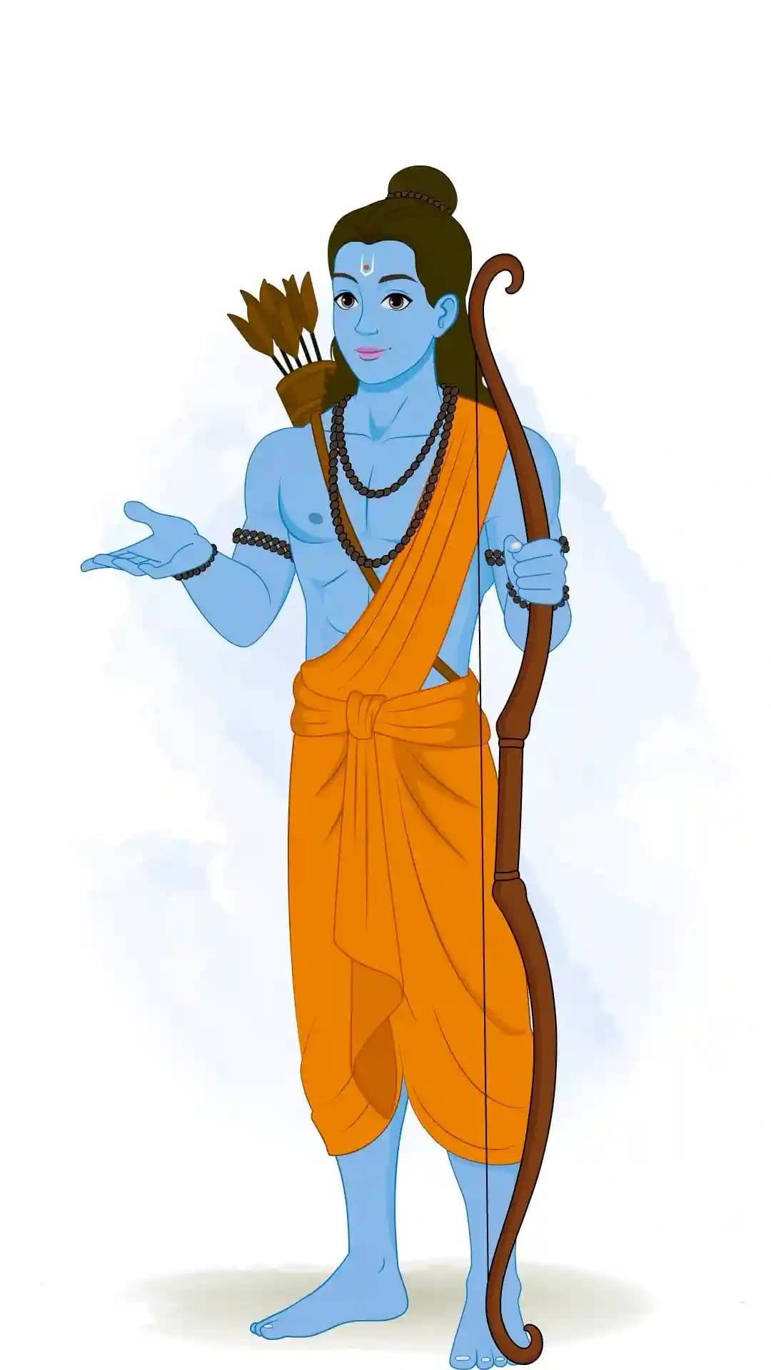 Indian god Lord Rama in 1/3rd view,blue-skinned,holding a bow in his right hand and gesturing with his left as if speaking,wearing saffron dhoti,bead malas and quiver—clean vector cartoon AKA Lord Rama
