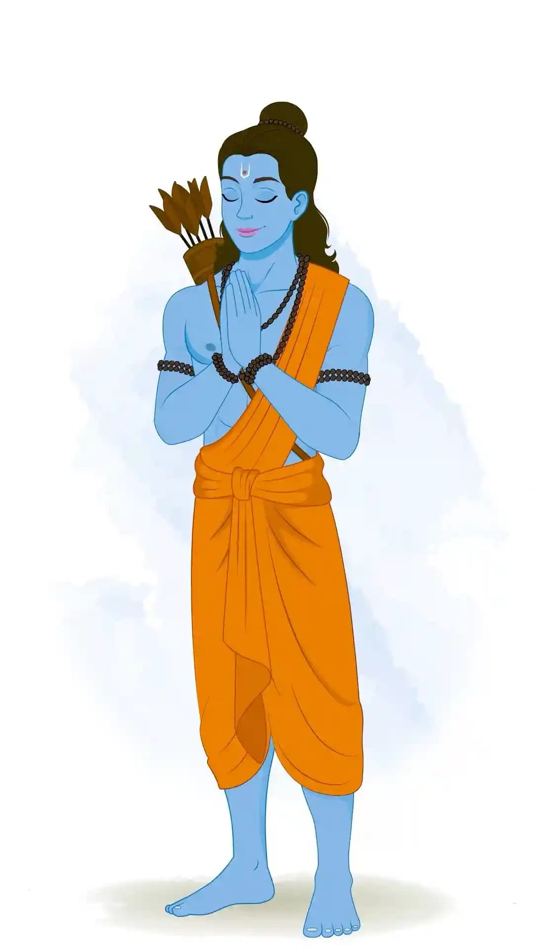 Indian god Lord Rama standing with hands joined in pranam/namaste,blue-skinned,wearing saffron dhoti,bead malas and a quiver on his back—calm devotional vector cartoon AKA Lord Rama