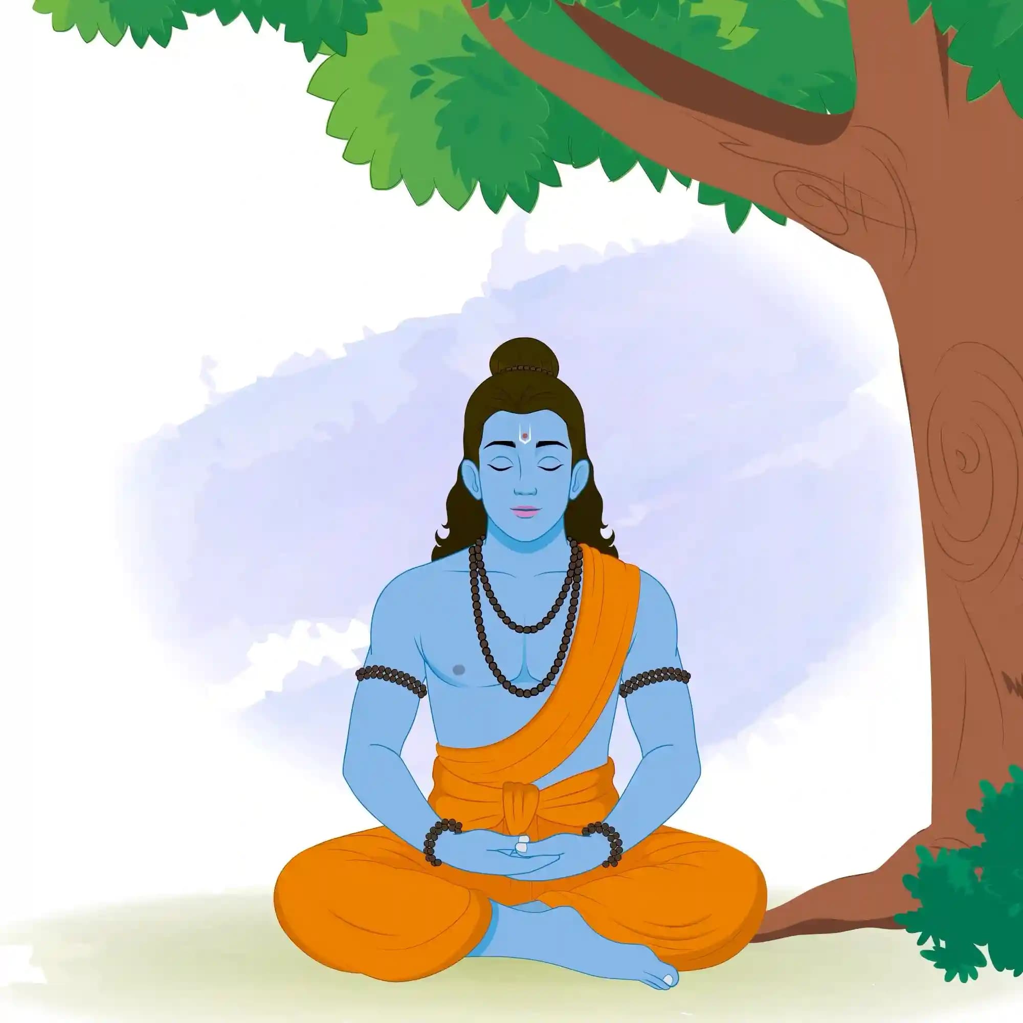 Indian god Lord Rama seated in padmasana,dhyana mudra,blue-skinned with saffron dhoti and bead malas,meditating peacefully beneath a tree—devotional vector cartoon AKA Lord Rama