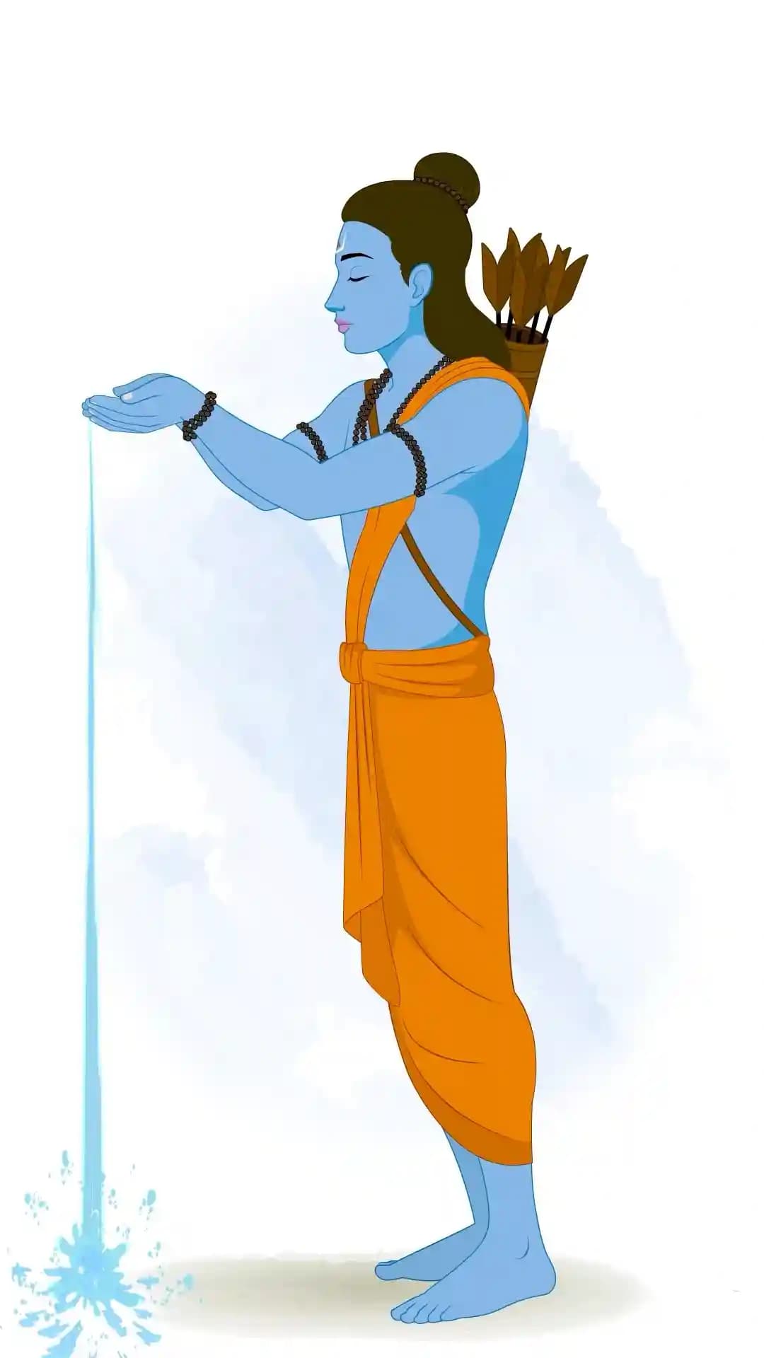 Indian god Lord Rama in saffron dhoti,blue-skinned with quiver,standing side view and offering water (arghya) to Surya with cupped hands—devotional vector illustration AKA Lord Rama