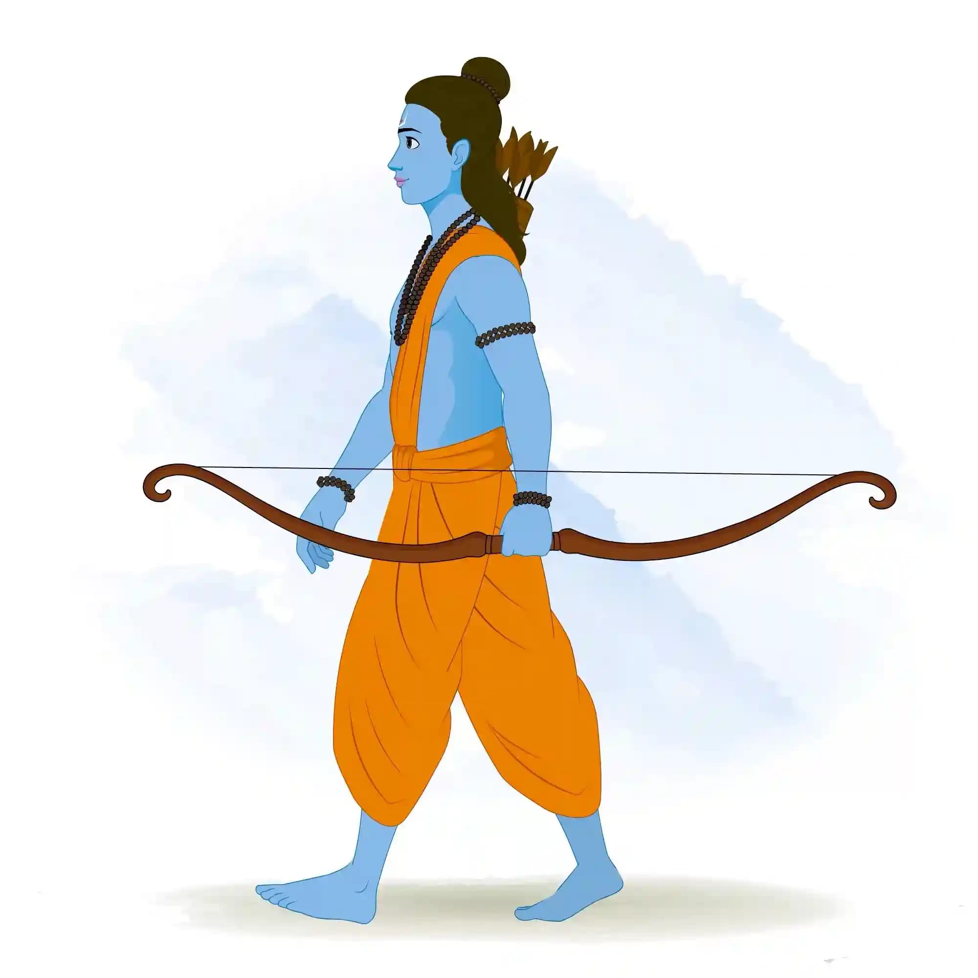Indian god Lord Rama side walking,holding a long bow with quiver of arrows,saffron dhoti,blue skin—Ramayana devotional vector art AKA Lord Rama
