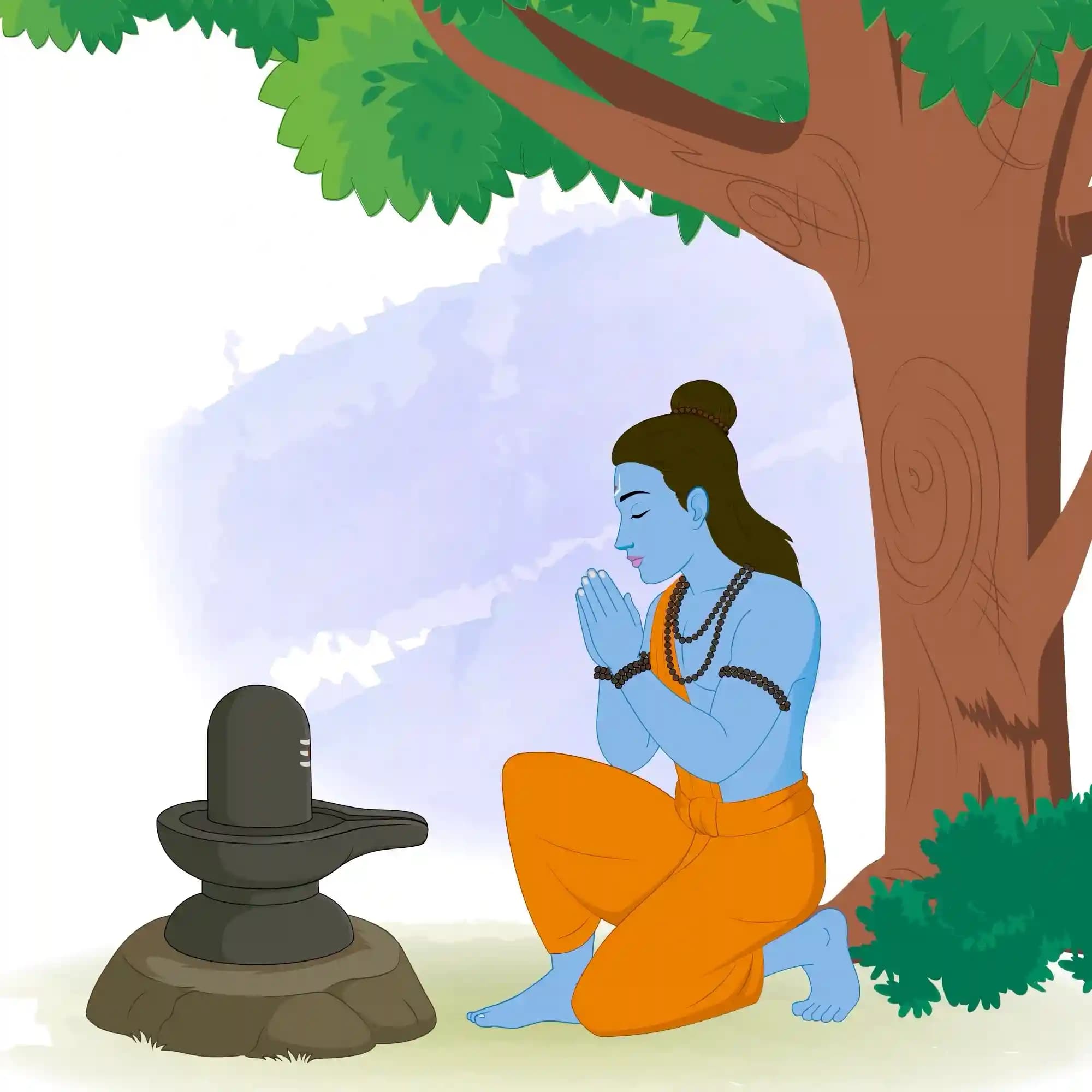 Lord Rama kneeling with folded hands,praying to a Shiva Lingam under a tree; saffron dhoti,blue skin,devotional Hindu vector art AKA Lord Rama