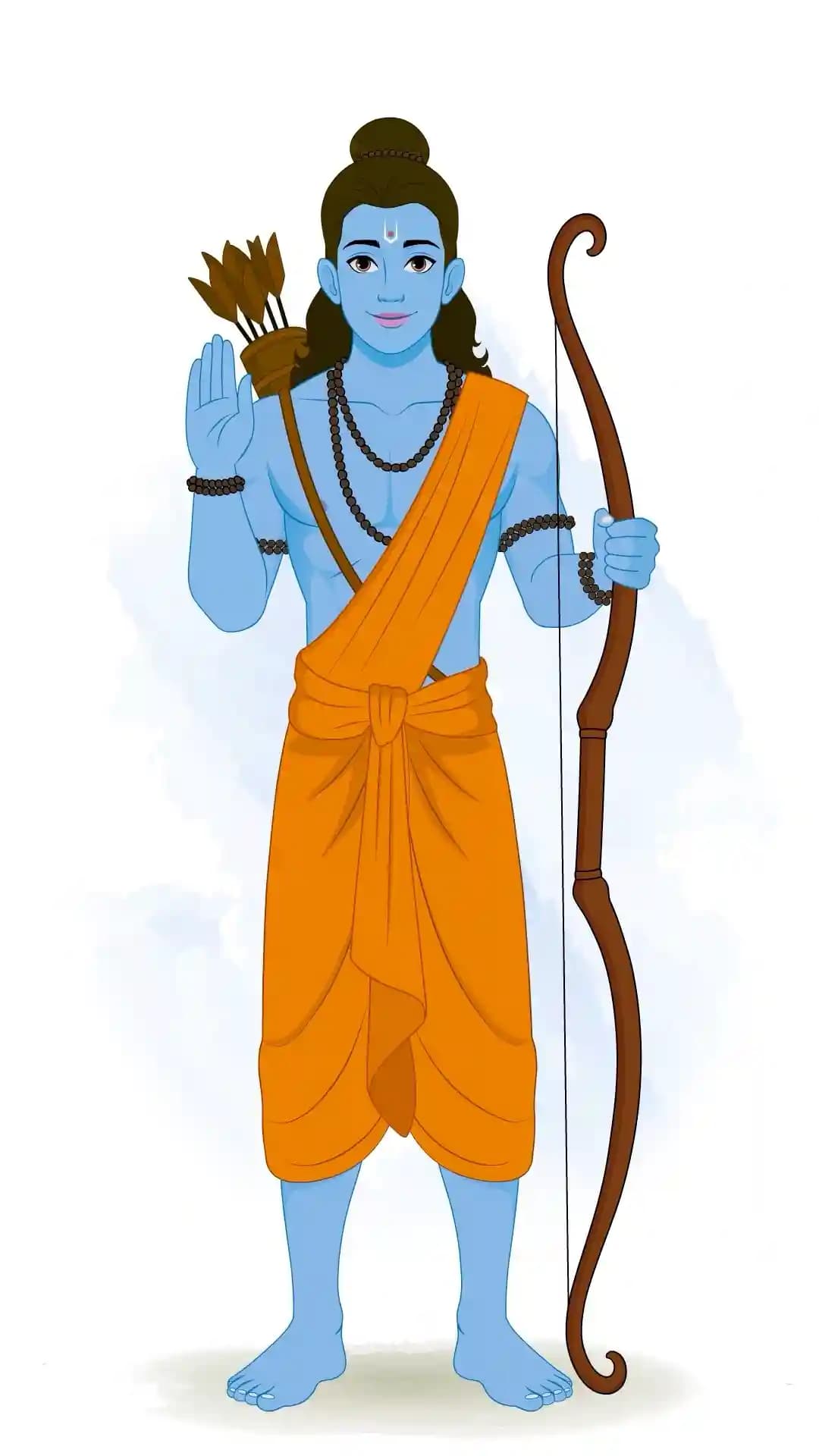 Front view of Lord Rama giving aashirwad,holding a bow and quiver,wearing a saffron dhoti and sacred beads; devotional Hindu vector art AKA Lord Rama