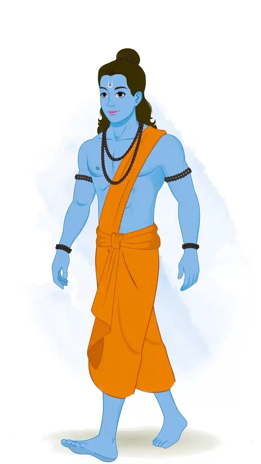 Three-quarter view of Lord Rama walking forward, blue-skinned Hindu deity in saffron dhoti with bead malas, calm expression, devotional Ramayana vector art AKA Lord Rama