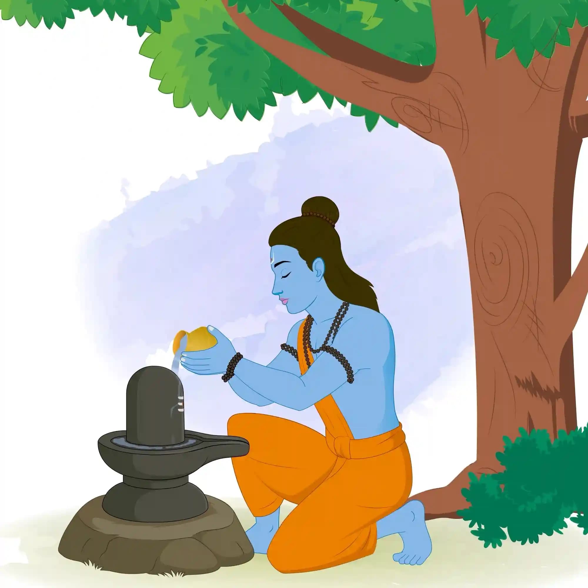 Lord Rama kneels under a tree and pours water from a kalash onto a Shiva Lingam during jal abhishek, wearing a saffron dhoti and bead malas; Hindu devotional illustration AKA Lord Rama