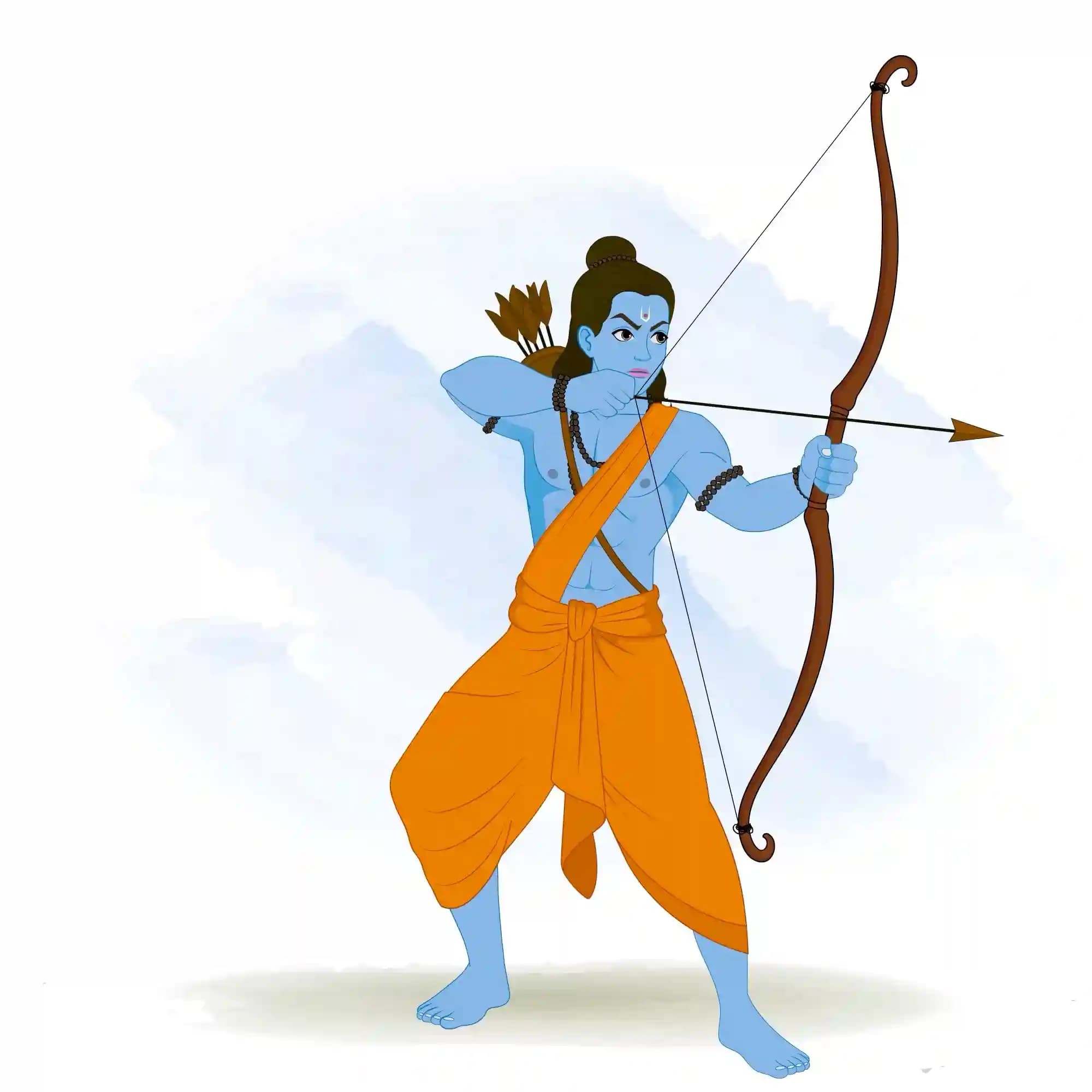 Lord Rama aims and releases an arrow from a wooden bow, wearing saffron dhoti and bead malas; intense warrior pose from the Ramayana—Hindu devotional illustration AKA Lord Rama