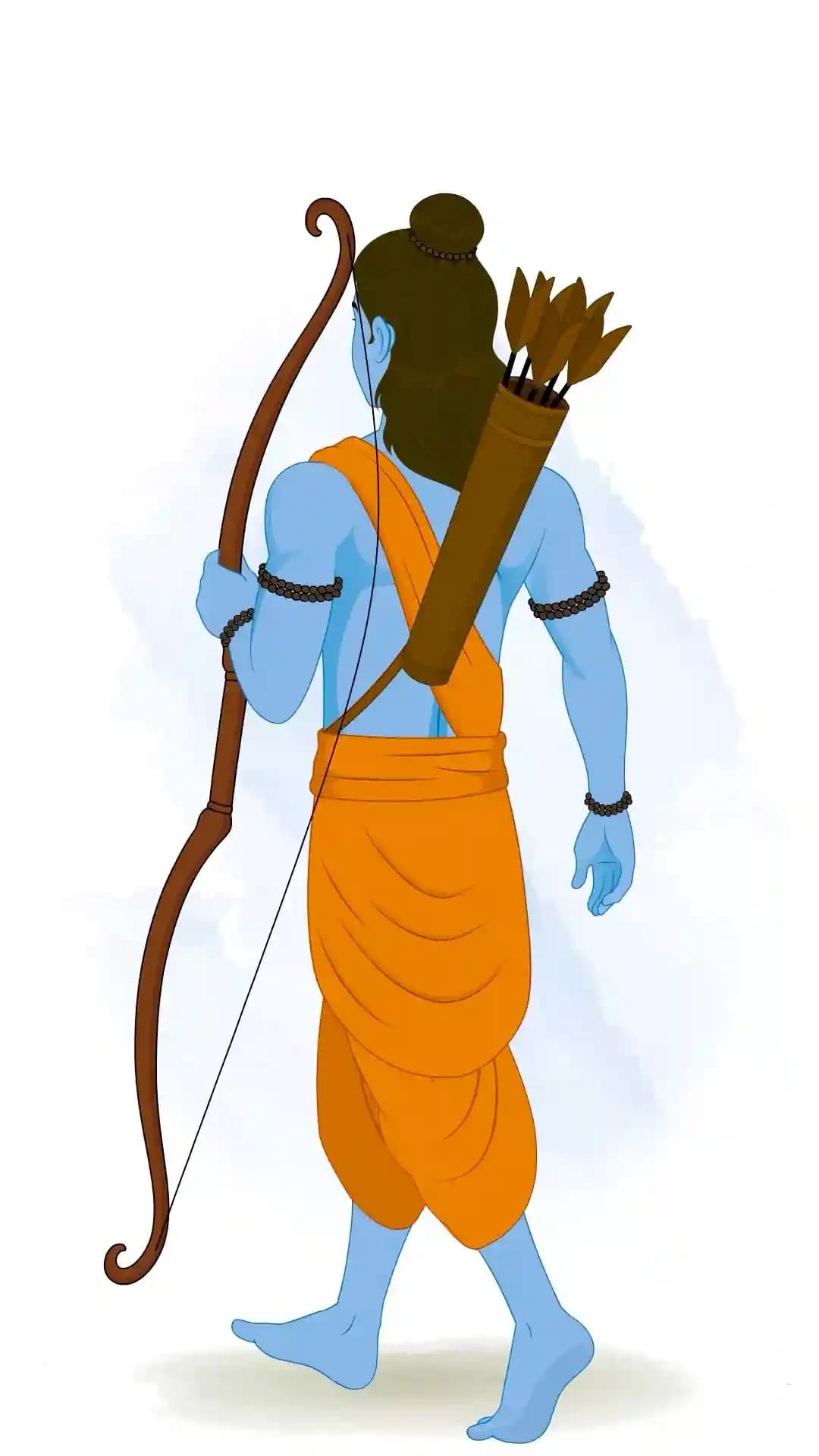 Back view of Lord Rama walking forward, holding a wooden bow with a quiver of arrows on his shoulder, wearing a saffron dhoti and bead malas—Ramayana Hindu god back-third pose AKA Lord Rama