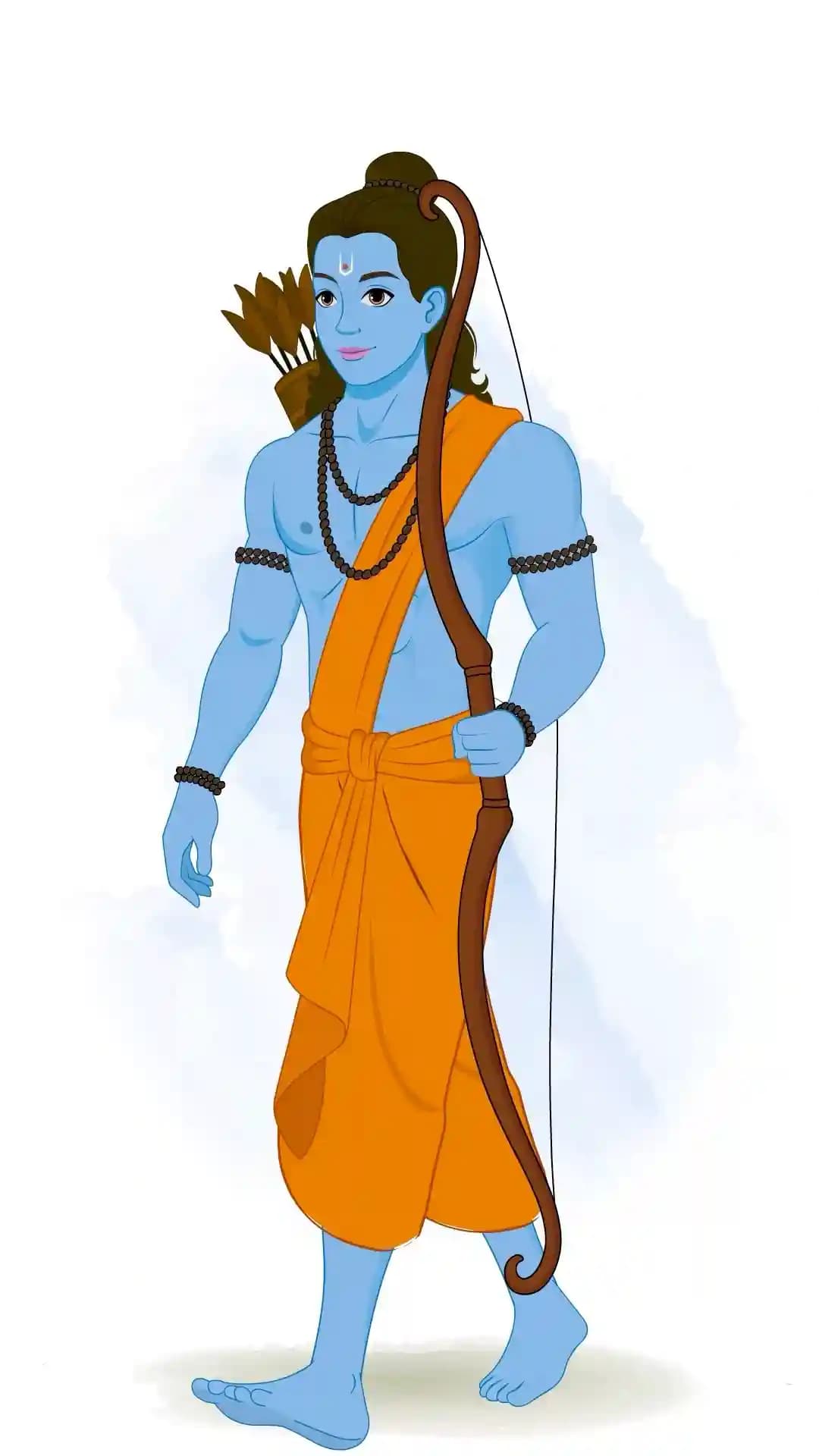 Three-quarter walking pose of Lord Rama, calm expression, holding a curved wooden bow in his right hand with a quiver of arrows on his back; wearing saffron dhoti and bead malas—Hindu god Ram in motion AKA Lord Rama