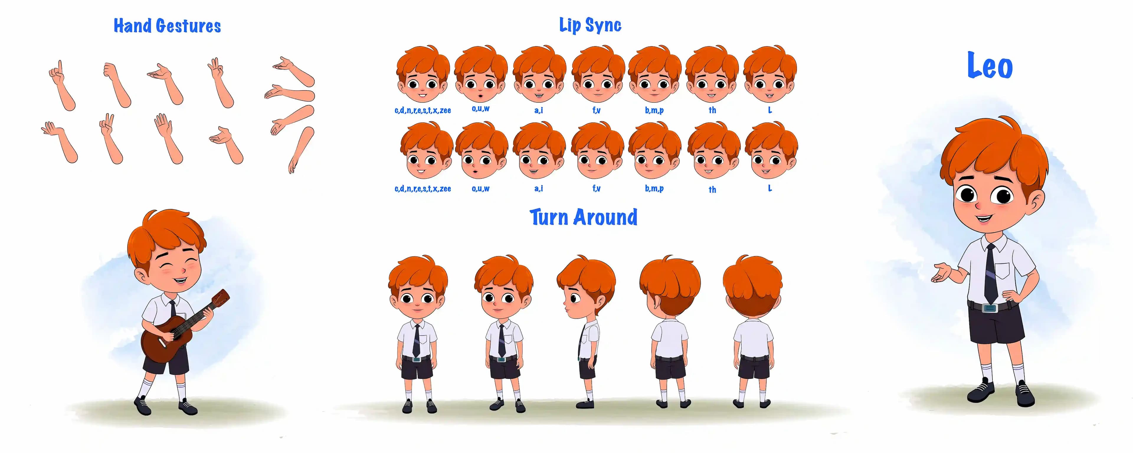A school boy cartoon character construction/model sheet aka leo