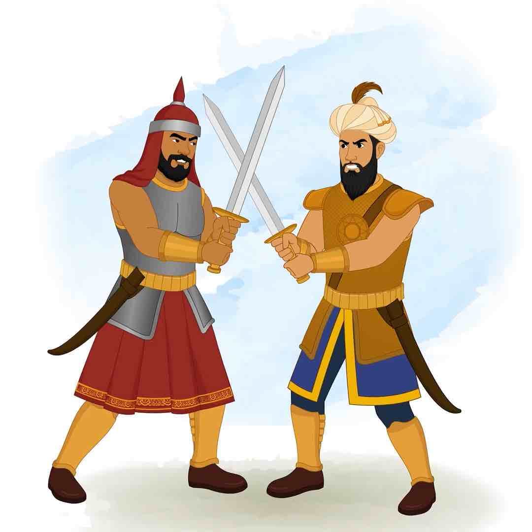 Animated vector illustration of Emperor Humayun and his armored general engaged in a sword practice drill, crossing steel blades in a dynamic training pose AKA Humayun