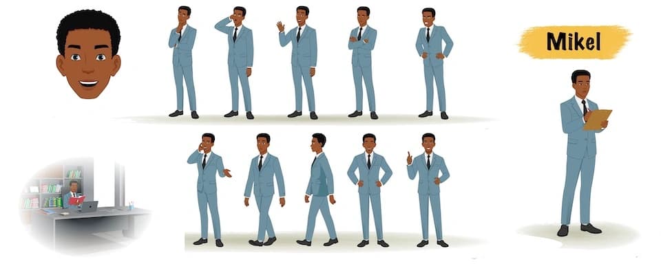 Office Man animated vector cartoon character model sheet AKA Mikel