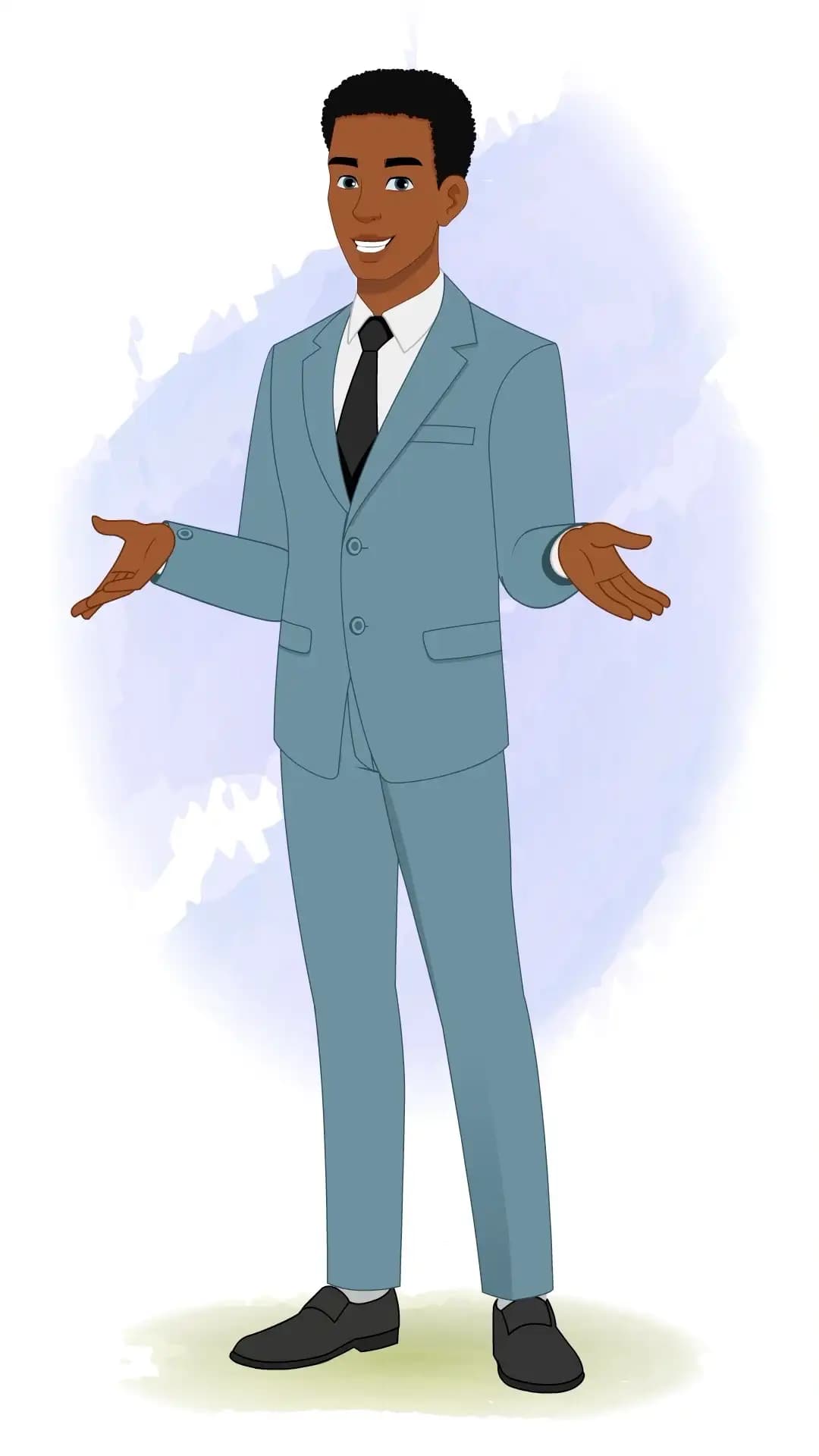 Illustration of a professional office man in a light blue suit and black tie, shown in a one-third view with open hands and a friendly expression, as if talking during a business presentation AKA Mikel
