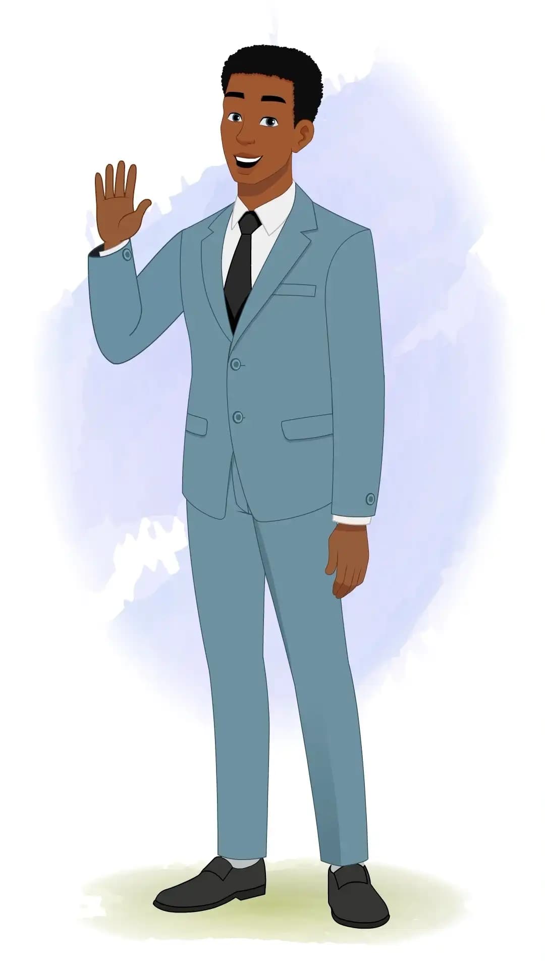 Friendly office man in a light blue suit and black tie, smiling and raising his right hand to wave hello in a 3/4 standing pose AKA Mikel