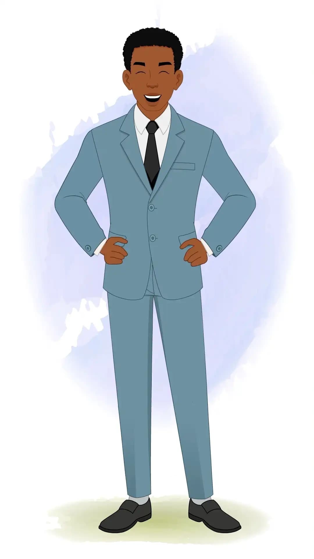 Cheerful office professional in a blue suit laughing with hands on hips—front view, ideal for positive corporate messages, success screens, and business infographics AKA Mikel