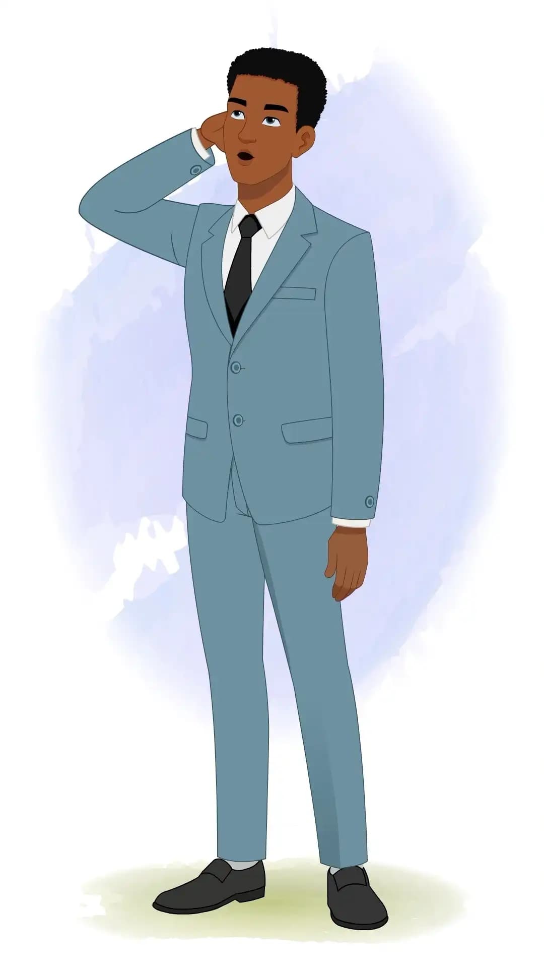 Professional office man in a light blue suit and black tie, shown in a 3/4 view scratching the back of his head with a puzzled expression, standing as if uncertain during a meeting AKA Mikel
