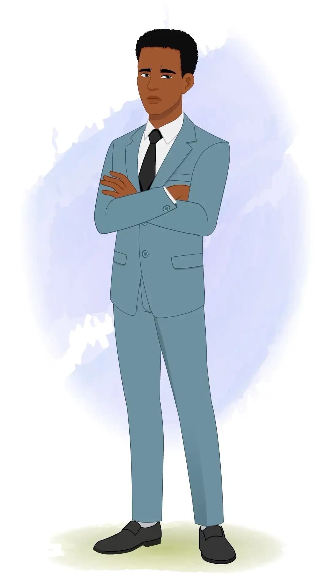 Corporate man in a light blue suit with arms crossed, looking annoyed in a 3/4 standing pose—professional business character for presentations and infographics AKA Mikel