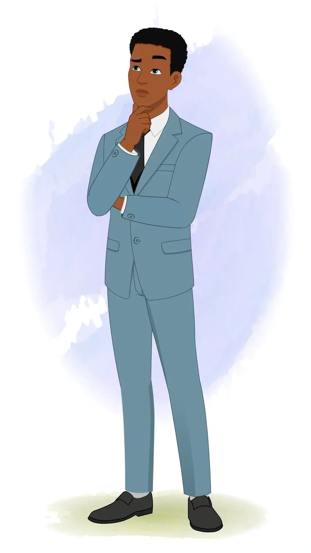 Corporate man in a light blue suit, hand on chin in a thoughtful 3/4 standing pose—business character for presentations and infographics AKA Mikel
