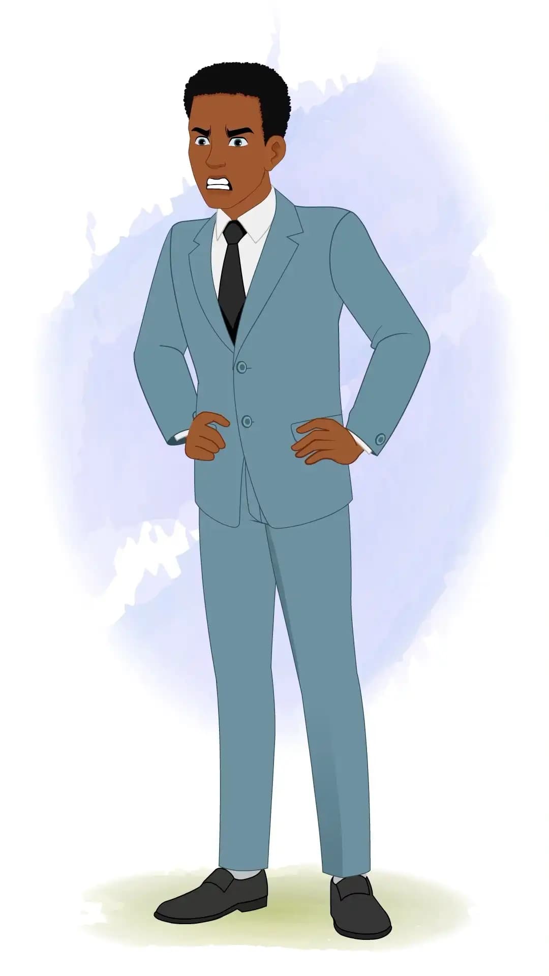 Corporate man in a blue suit, hands on hips with an angry expression in 3/4 standing pose—ideal for business conflict or warning scenes AKA Mikel