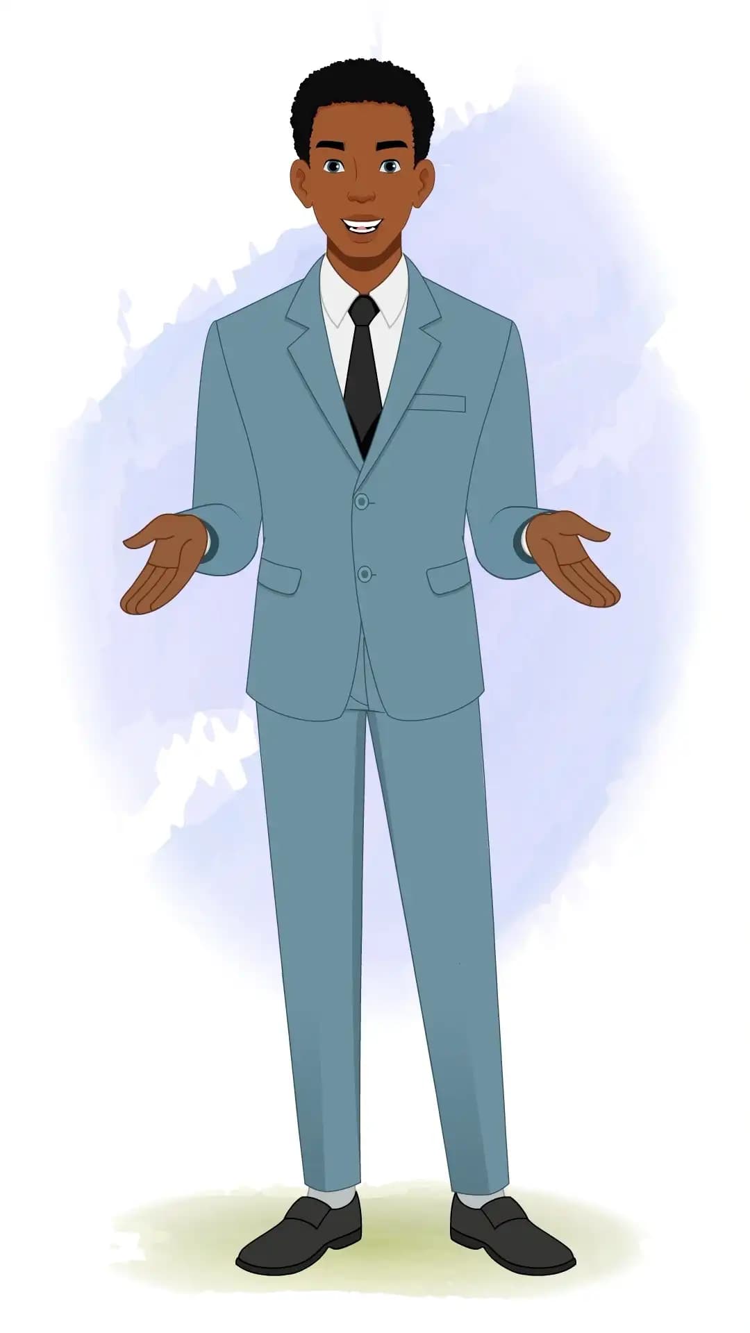 Friendly office professional in a blue suit, front view, smiling with open-hand gestures as he explains—perfect for presentations, onboarding, and business infographics AKA Mikel