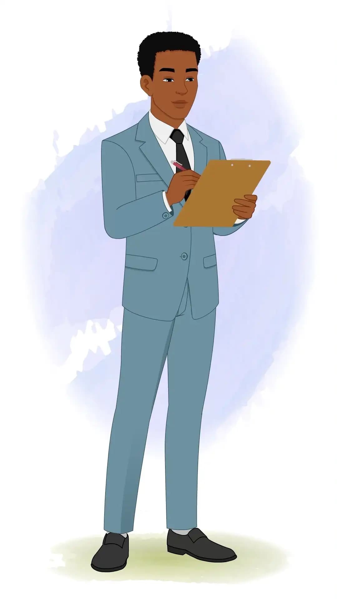 Business professional in a blue suit standing and writing on a clipboard—front view—perfect for audit, checklist, survey, and inspection visuals in corporate infographics AKA Mikel