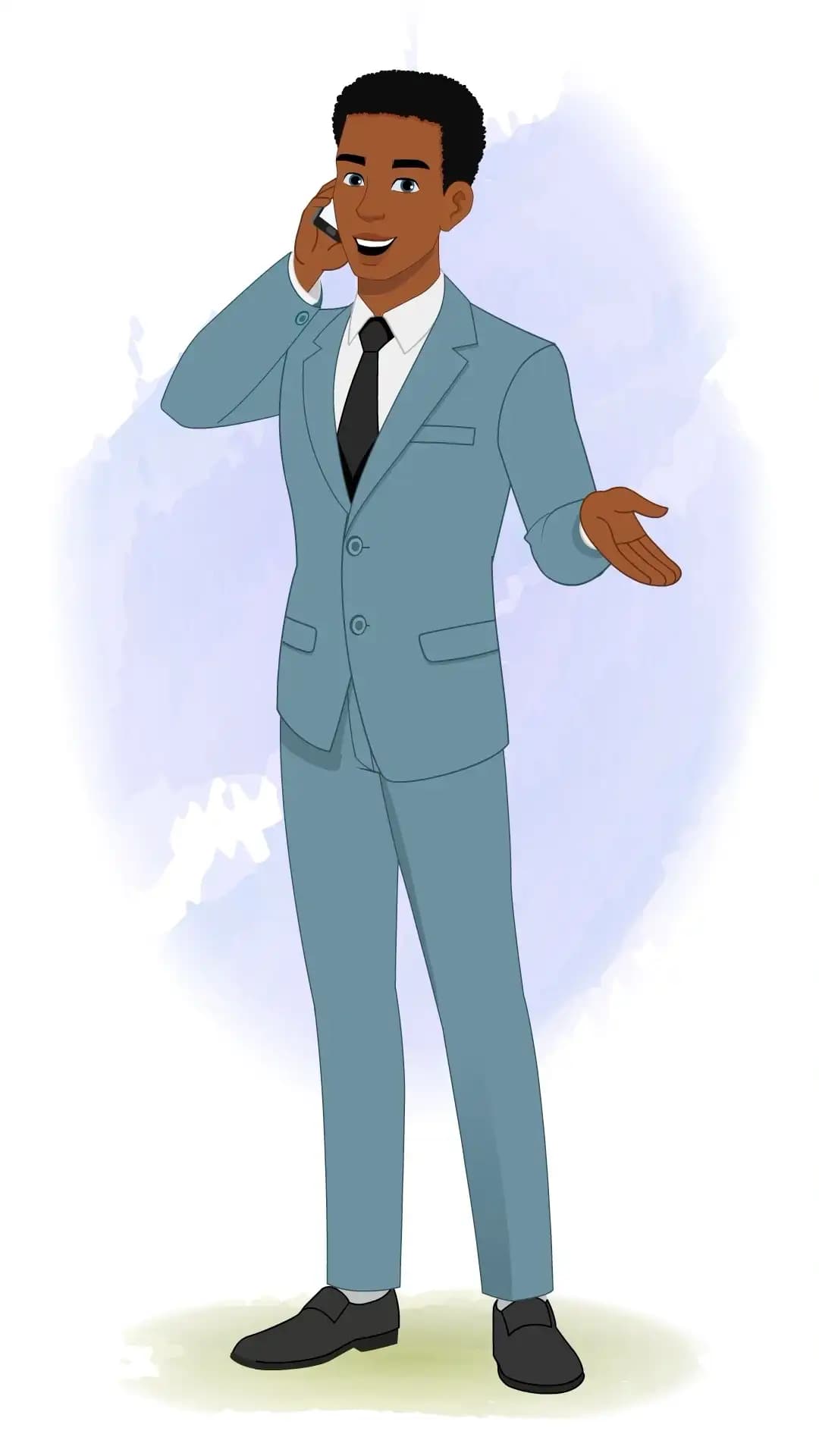 Business professional in a blue suit smiling and talking on a smartphone—front view—with a friendly hand gesture; great for customer service, sales, or corporate communication visuals AKA Mikelofficeman,businessman,professional,phonecall,talkingonphone,smartphone,clientcall,customerservice,support,helpdesk,callcenter,salescall,followup,consultation,negotiation,networking,communication,telecommunication,remotecommunication,workcall,teamcall,conferencecall,frontview,standingpose,gesture,openhand,smile,bluesuit,blacktie,corporate,workplace,office,executive,manager,teamlead,projectmanager,accountmanager,hr,recruiter,trainer,consultant,entrepreneur,startup,marketing,publicrelations,operations,finance,meeting,briefing,announcement,explainertalk,infographicasset,illustration,vector,cartoon,flatstyle,cleanstyle,editable,animationready,uiillustration,presentation,webbanner,elearning,companyprofile,aboutus,brandmascot,customercommunication,professionalcharacter