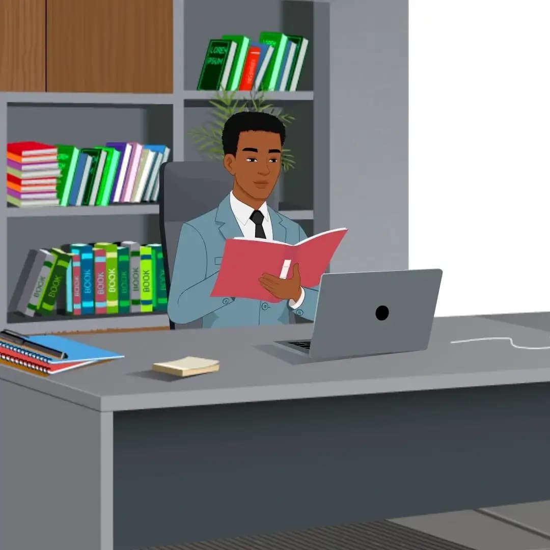 Business professional in a blue suit seated at a modern office desk, reading a red file folder with an open laptop in front and a bookshelf behind—ideal for corporate, review, or documentation themes AKA Mikel
