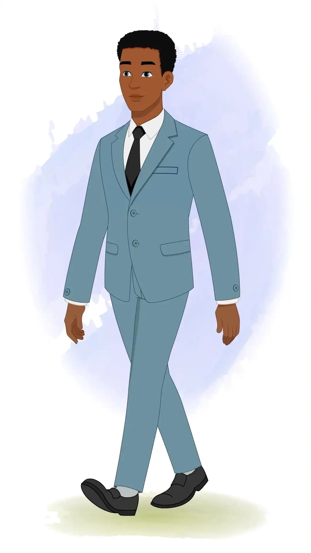 Professional businessman in a blue suit and black tie walking in three-quarter view, showing a confident stride—ideal for corporate infographics, presentations, and UI scenes AKA Mikel