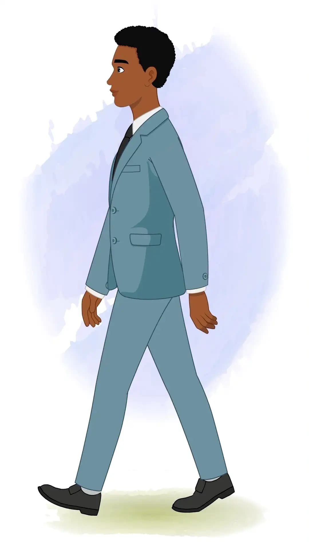 Side-profile businessman in a blue suit and black tie walking confidently—ideal for corporate infographics, presentations, and UI scenes AKA Mikel