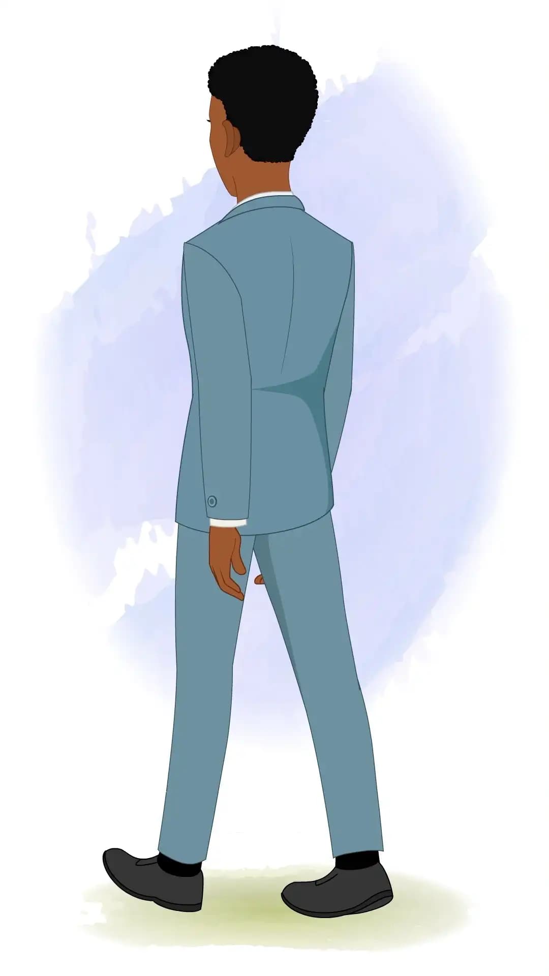 Rear three-quarter view of a businessman in a blue suit walking forward, seen from behind—perfect for corporate infographics, presentations, and UI scenes AKA Mikel