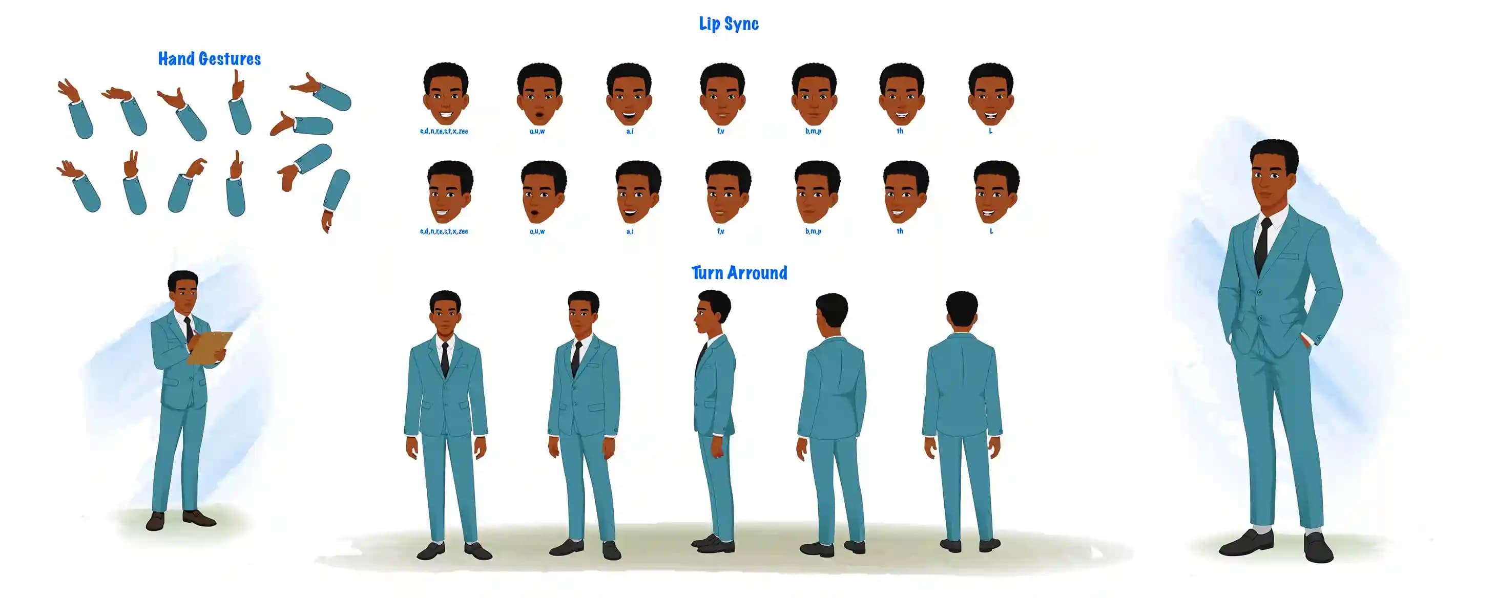 Wide character model sheet of a professional office man in a teal-blue suit and black tie, featuring multiple hand gestures, lip-sync mouth shapes, a six-view turnaround, and a full standing pose for animation and explainer use AKA Mikel