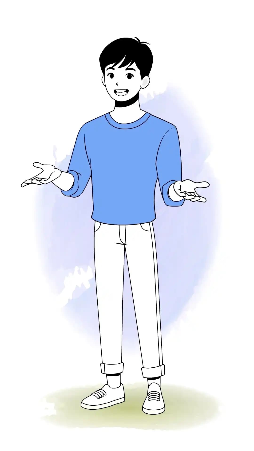 Friendly young man in a light yellow sweatshirt and teal rolled-up pants speaking with open hands, one-third front view, soft pastel style for infographics and explainers AKA Jin