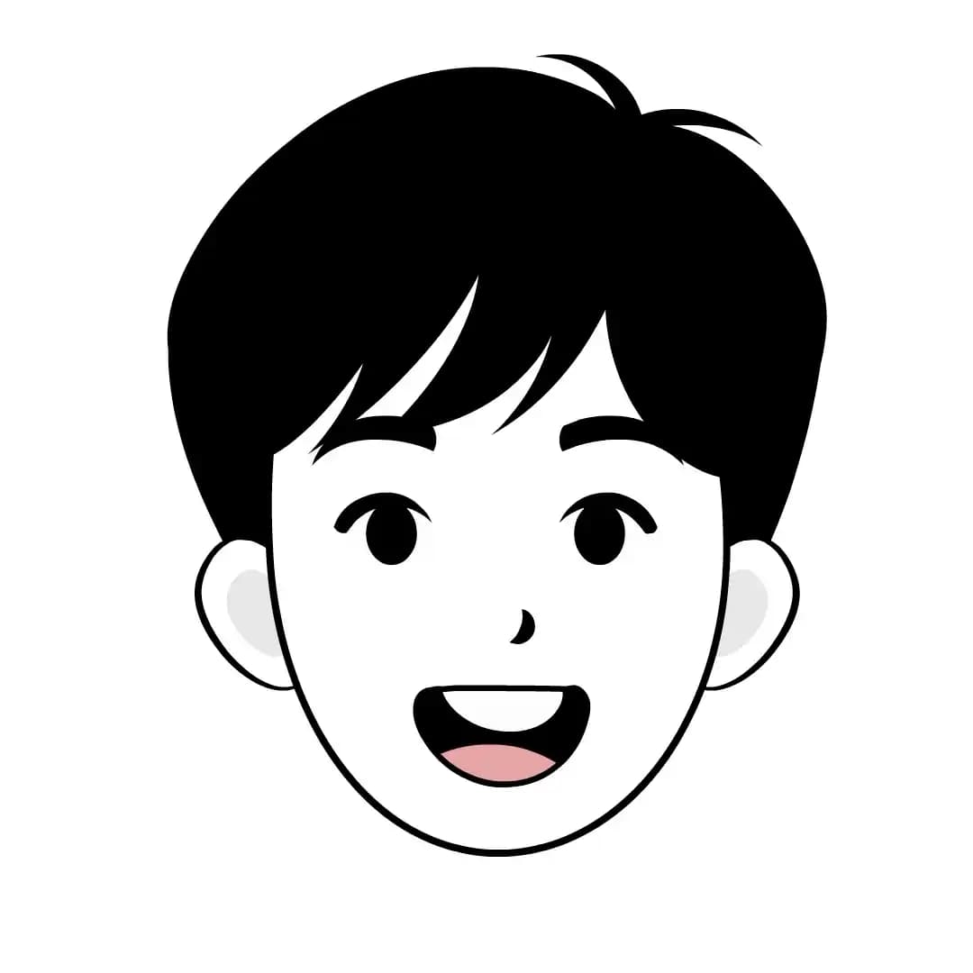 A character sheet showing a young boy’s head in a grid with multiple emotions and lip-sync mouth shapes. Rows cover natural,happy,excited,sad,annoyed,confused,angry,and tired, presented in both front and three-quarter views for animation reference AKA Jin