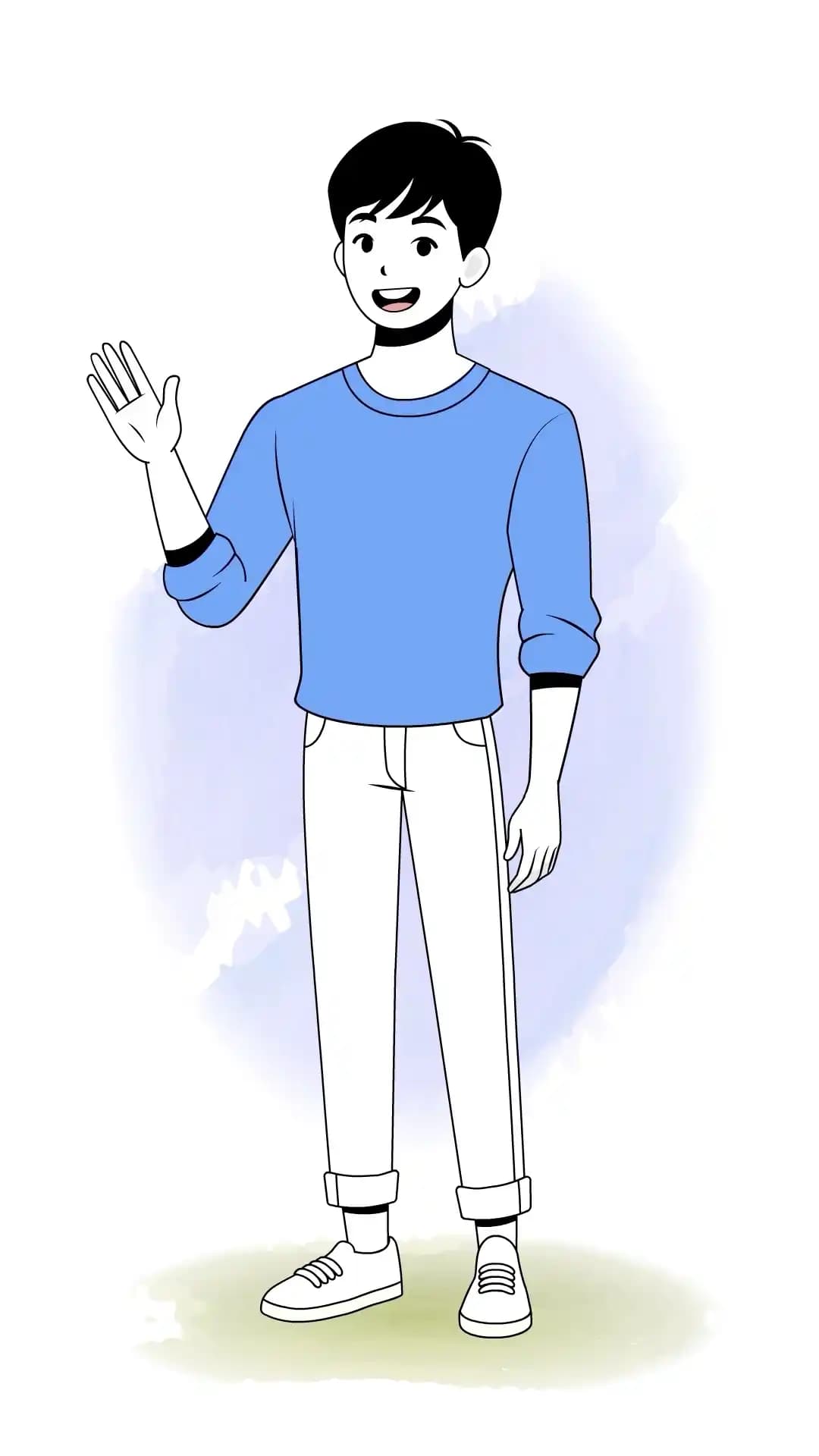 Smiling young man in a light yellow sweatshirt and teal rolled-up pants waving his right hand to say hello; front view, clean pastel illustration suited for infographics,apps,and e-learning AKA Jin